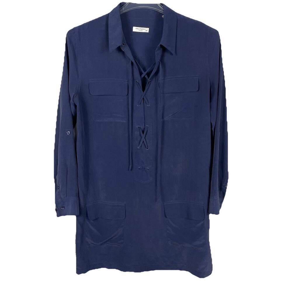 Equipment Femme Knox Lace-Up Silk Shift Dress Women’s M Navy Western Chic Rodeo